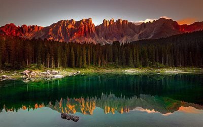 mountains, rocks, forest lake, forest, sunset, Lake Carezza, Nova Levante, Italy