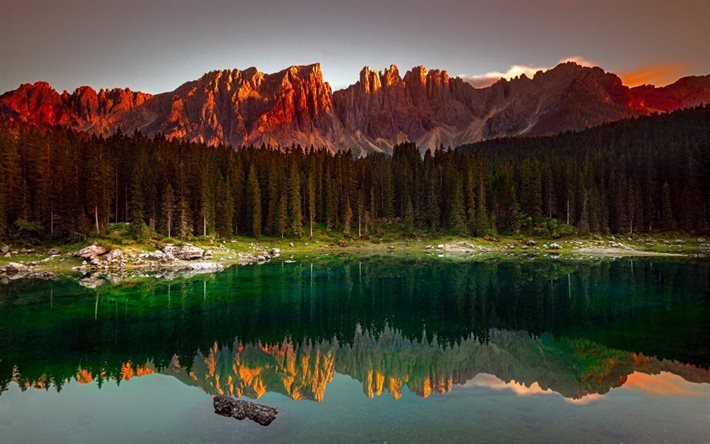 mountains, rocks, forest lake, forest, sunset, Lake Carezza, Nova Levante, Italy