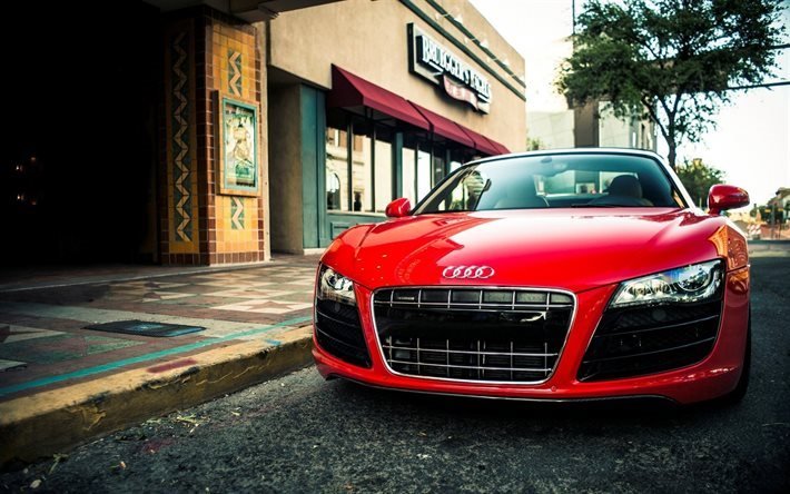 Audi R8, sports coupe, evening, city, sunset, red Audi