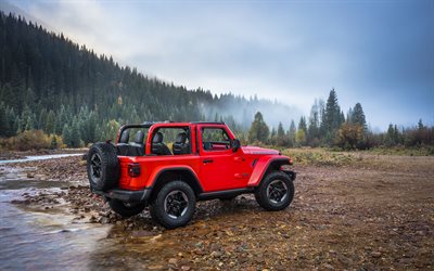 Jeep Wrangler, 2018, 4k, red SUV, new cars, USA, mountain landscape, river, forest, fog, Jeep