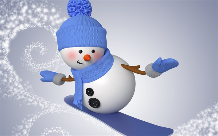 3d snowman, winter, snowboard, Christmas, winter sports
