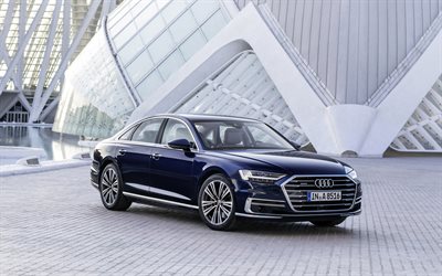 Audi A8, 2018, 84, bleu berline de luxe, la nouvelle A8, classe affaires, voitures allemandes, Audi
