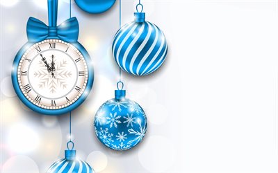 Ano Novo, rel&#243;gio, Natal, meia-noite, azul bolas de Natal, fitas de seda azul