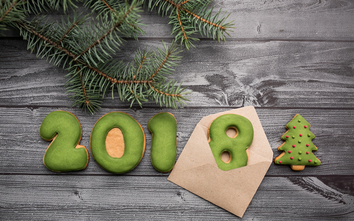Nouvel An, 2018 concepts, vert, biscuits, produits de boulangerie, Happy New year, no&#235;l