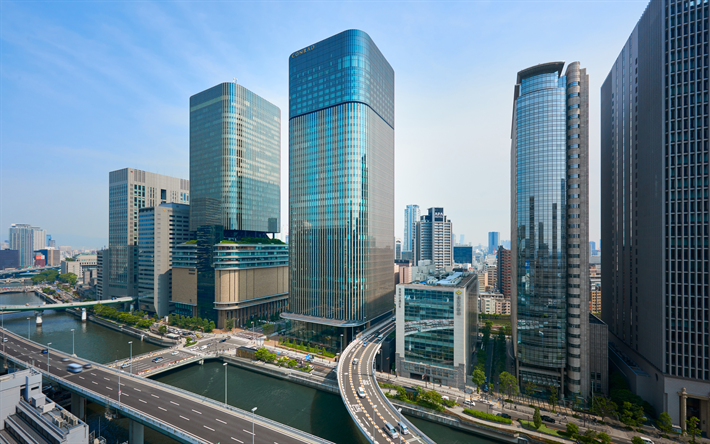 Osaka, Japonya, g&#246;kdelenler, iş merkezleri, modern binalar, 4k