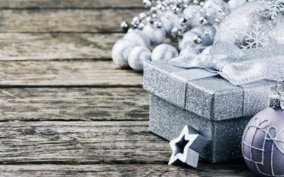 Natale, 2018, Anno Nuovo, argento, palline di natale, regalo, scatola, nastro d&#39;argento, fiocco, decorazione sfondo in legno