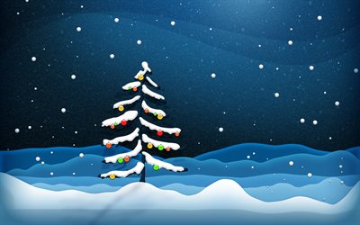 winter, night, Christmas, snowfall, snowdrift, Christmas tree