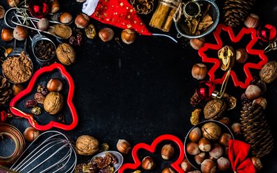 Christmas, decoration, New Year, nuts, red bells, Christmas dinner concepts