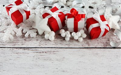Natale, rosso doni, argenteo, fiocchi di neve, decorazione, Felice Anno Nuovo, bianco, di legno