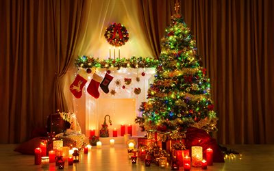 Christmas, stones, evening, New Year, Christmas tree, candles, gifts