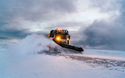 snow-clearing equipment, snow removal, Scania, snow removal truck, snow-covered road, concepts
