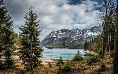 mountain lake, winter, snow, mountain landscape, Alps
