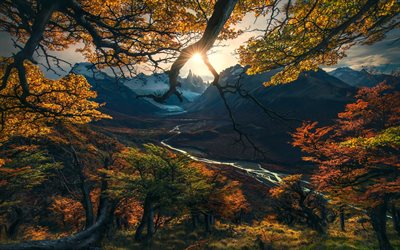 Monta&#241;a, paisaje, puesta de sol, roca, monta&#241;a, r&#237;o, cordillera de los Andes, Chile, Patagonia