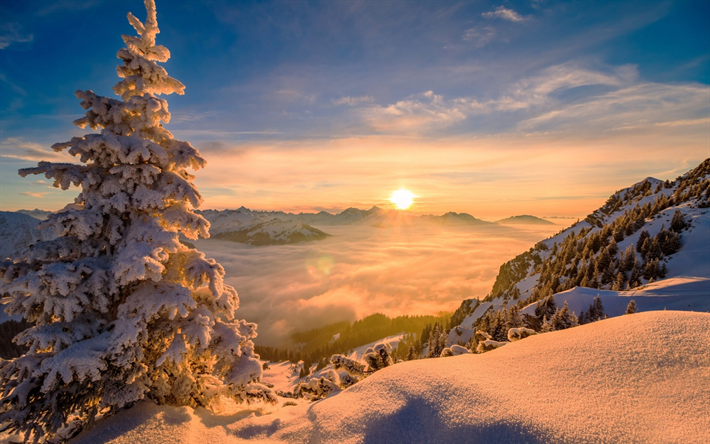 winter landscape, mountains, sunset, clouds from above, mountain landscape, snow, winter