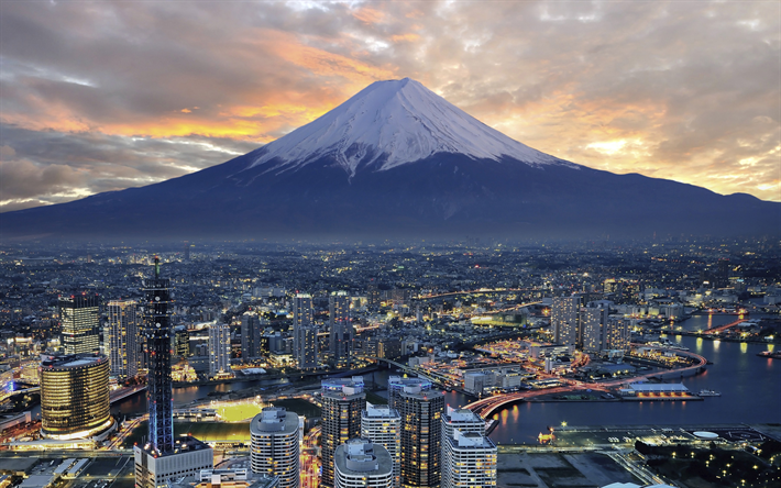 Fuji, a montanha, Yokohama, Jap&#227;o, noite, p&#244;r do sol, 4k, metr&#243;pole, cidade paisagem
