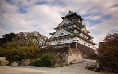 Osaka Slott, Japansk arkitektur, samurai slott, Osaka, Japan, 4k
