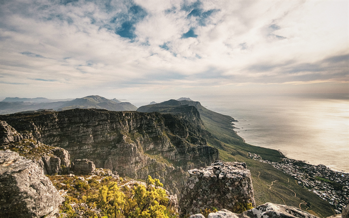 Sud Africa, 4k, costa, oceano, scogliere, montagne, Citt&#224; del Capo