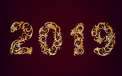 2019 jahr, happy new year, golden ornament buchstaben, 2019 lila hintergrund, konzepte 2019