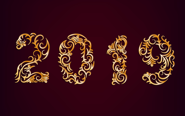 2019 o Ano, Feliz Ano Novo, ouro ornamento letras, 2019 fundo roxo, 2019 conceitos