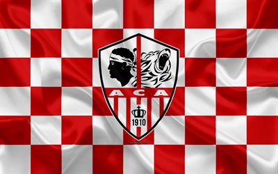 AC Ajaccio, 4k, logo, arte criativa, vermelho e branco da bandeira quadriculada, Clube de futebol franc&#234;s, Liga 2, novo emblema, textura de seda, Ajaccio, Fran&#231;a, futebol