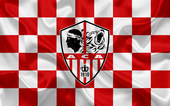 AC Ajaccio, 4k, logotyp, kreativ konst, r&#246;d och vit rutig flagga, Franska fotbollsklubben, League 2, nya emblem, siden konsistens, Ajaccio, Frankrike, fotboll