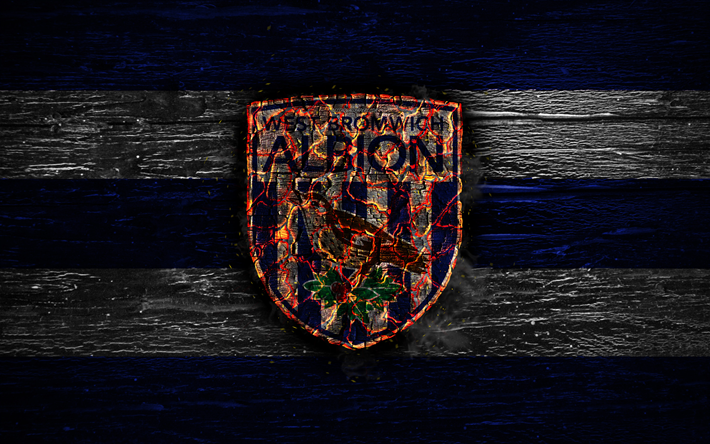 West Bromwich Albion FC, fire logo, Championship, blue and white lines, english football club, grunge, football, soccer, West Bromwich Albion logo, wooden texture, England