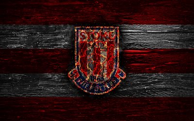 Stoke City FC, fogo logotipo, Campeonato, linhas vermelhas e brancas, clube de futebol ingl&#234;s, grunge, futebol, Stoke City logotipo, textura de madeira, Inglaterra
