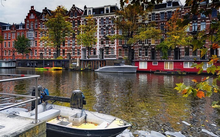Amsterdam, aamulla, kauniita taloja, kaduilla, Amsterdamin kaupunkikuvaa, Alankomaat