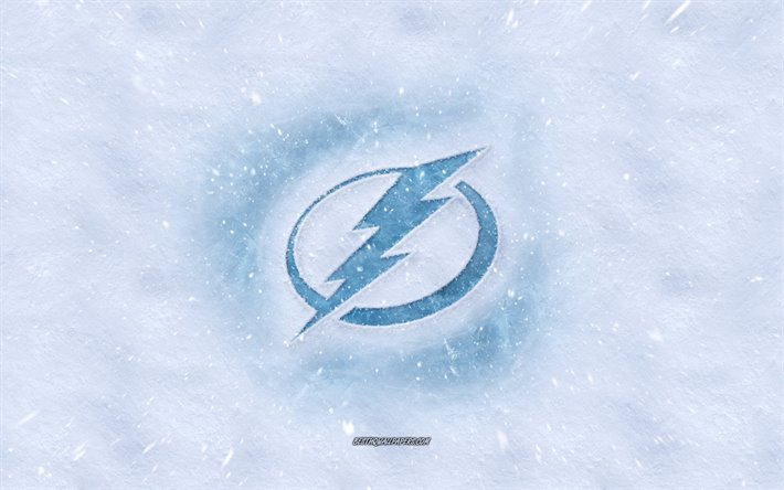 Tampa Bay Lightning logo, American hockey club, winter concepts, NHL, Tampa Bay Lightning ice logo, snow texture, Clearwater, Florida, USA, snow background, Tampa Bay Lightning, hockey