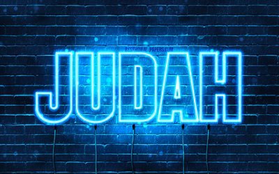 Judah, 4k, taustakuvia nimet, vaakasuuntainen teksti, Juudan nimi, blue neon valot, kuva Juudan nimi