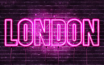 London, 4k, wallpapers with names, female names, London name, purple neon lights, horizontal text, picture with London name