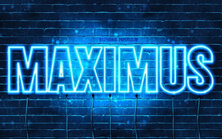 Maximus, 4k, fondos de pantalla con los nombres, el texto horizontal, Maximus nombre, luces azules de ne&#243;n, la imagen con la Maximus nombre