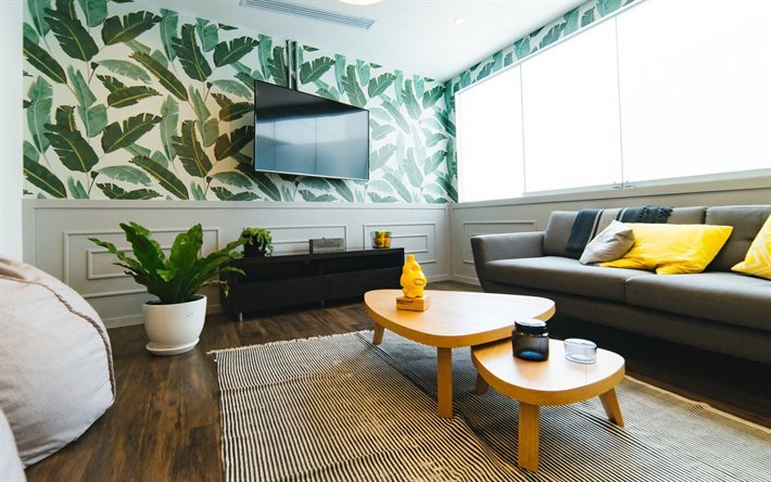 stylish interior, living room, retro style, green leaves on the walls, modern interior design