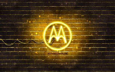 Motorola yellow logo, 4k, yellow brickwall, Motorola logo, brands, Motorola neon logo, Motorola