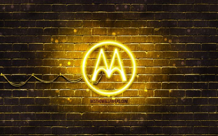 Motorola yellow logo, 4k, yellow brickwall, Motorola logo, brands, Motorola neon logo, Motorola