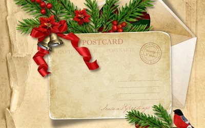 Christmas postcard, 4k, Merry Christmas, new year decorations, postcard, Happy New Year, christmas decorations, xmas postcard, New Years concerts, xmas decorations