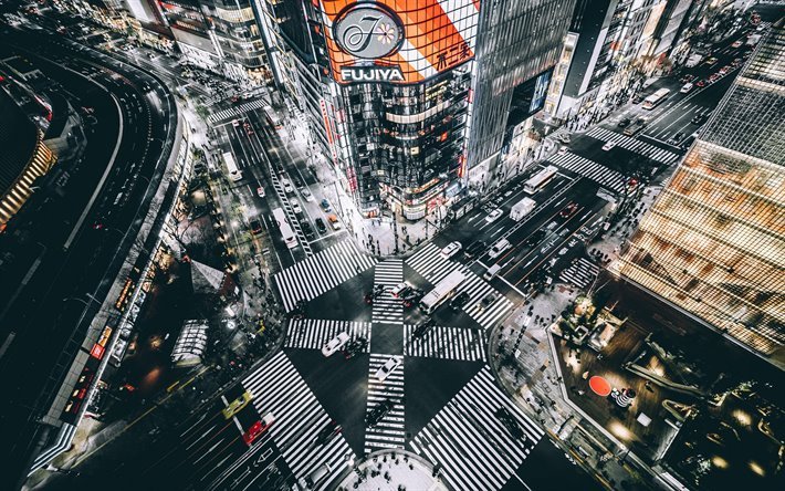 東京, 日本, 十字路, 夜, 高層ビル群, 人, 近代的な都市, 資本金を日本