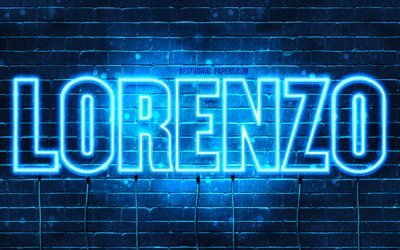 Lorenzo, 4k, les papiers peints avec les noms, le texte horizontal, Lorenzo nom, bleu n&#233;on, une photo avec le nom Lorenzo