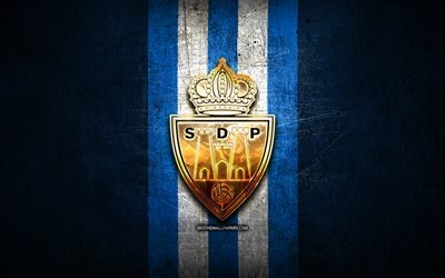 Ponferradina FC, logo dorato, Liga 2, blu metallo, sfondo, calcio, SD Ponferradina, squadra di calcio spagnola, Ponferradina logo, LaLiga 2, Spagna