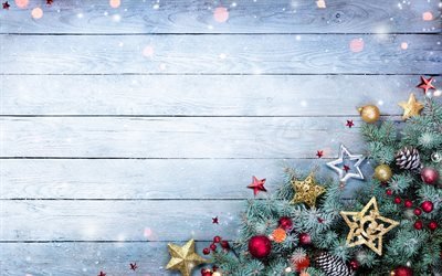Decorazioni di natale, 4k, stelle, blu, di legno, sfondo, Merry Christmas, decorazioni del nuovo anno, Felice Anno Nuovo, Nuovo anno di concerti, di natale decorazioni
