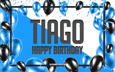 お誕生日おめティアゴ, お誕生日の風船の背景, ティアゴ, 壁紙名, ティアゴにお誕生日おめで, 青球誕生の背景, ご挨拶カード, ティアゴの誕生日