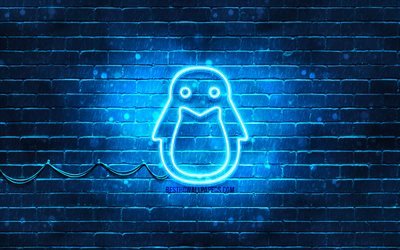 Linux blue logo, 4k, blue brickwall, Linux logo, creative, Linux neon logo, Linux
