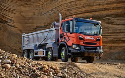 Scania P410 XT, 4k, quarry, 2019 trucks, LKW, P-series, Tipper trucks, cargo transport, 2019 Scania P410, trucks, Scania, HDR