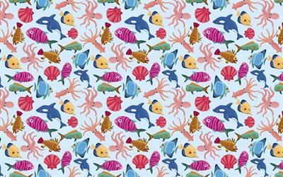 background with marine animals, 4k, octopus, fish, killer whale, Fish, shells, marine animals background, colorful backgrounds
