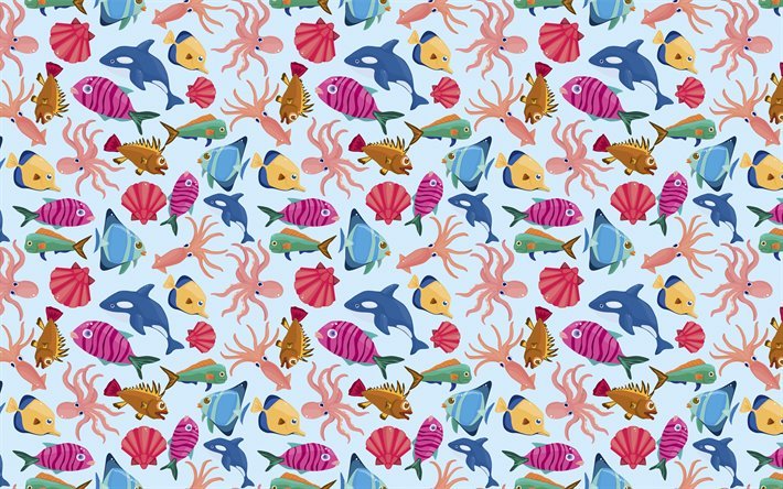 background with marine animals, 4k, octopus, fish, killer whale, Fish, shells, marine animals background, colorful backgrounds