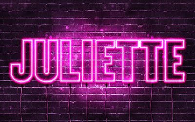 Juliette, 4k, des fonds d&#39;&#233;cran avec des noms, des noms de femmes, Juliette nom, de violet, de n&#233;ons, le texte horizontal, image avec Juliette nom