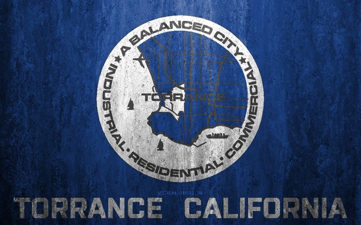 Lipun Torrance, California, 4k, kivi tausta, Amerikkalainen kaupunki, grunge lippu, Torrance, USA, Torrance lippu, grunge art, kivi rakenne, liput amerikan kaupungit