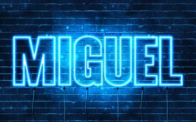 Miguel, 4k, tapeter med namn, &#246;vergripande text, Miguel namn, bl&#229;tt neonljus, bild med Miguel namn