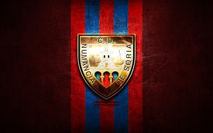 Numancia FC, golden logotyp, League 2, red metal bakgrund, fotboll, CD Numancia, spansk fotbollsklubb, Numancia logotyp, LaLiga 2, Spanien