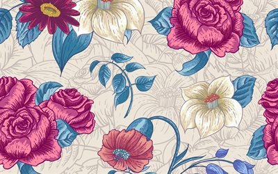 fiore retr&#242; texture, rosso fiori retr&#242; sfondo, retr&#242;, texture, sfondi floreali
